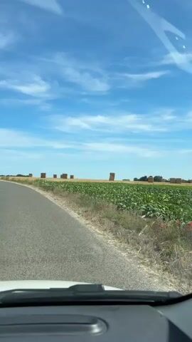 The video shows a view from inside a vehicle moving along a paved road. To the right of the road is a field with rows of green plants. Beyond that, there is a harvested field with several square bales of hay stacked. In the distance, a line of trees marks the horizon. The sky is blue with scattered white clouds. The camera is angled slightly downwards, showing the dashboard and windshield of the vehicle.