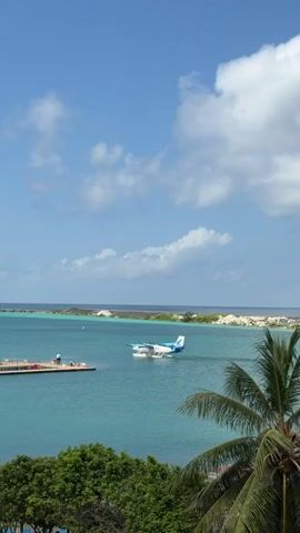 A seaplane is parked on the water near a dock. The seaplane is white and blue. The dock is a long, narrow structure. There is a body of water behind the seaplane and dock, with islands in the distance. The sky is blue with some clouds. There are trees in the foreground of the video.