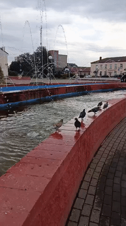 Summer morning at Zhlobin's central fountain square, Belarus