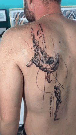 Fresh tattoo featuring falling angel design spotted in Sofia