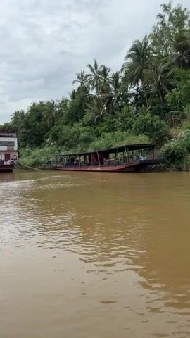 The video captures a view from a boat on a wide, brown river. In the distance, on the left bank, a multi-story white and red boat is docked. Adjacent to it, also on the left bank, is a long, covered boat, possibly a ferry, with people visible inside and life preservers hanging from its sides. The background is filled with lush green trees and palm trees, characteristic of a tropical environment. The sky is overcast with clouds. The camera appears to be moving slightly, showing the boats and the riverbank from a moving perspective. The focus is on the boats and the natural landscape.