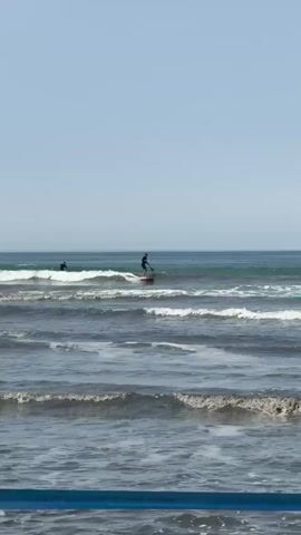 This is a video of a surfing scene. Three surfers are visible in the water. One surfer, wearing dark clothing, is riding a wave on a light-colored board. Another surfer, also in dark clothing, is further to the left, on a different wave. A third surfer, wearing a blue wetsuit, is to the right, in the water. The ocean has moderate waves, and the sky is clear and blue. The video captures the surfers in action as they navigate the waves.