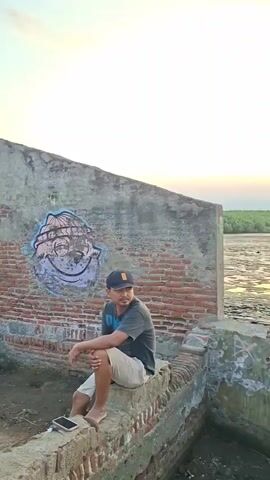 A vertical shot captures a man sitting on a low brick wall. He is wearing a dark t-shirt, light-colored shorts, and a baseball cap. He is looking to his right. Behind him, the wall has graffiti of a cartoon face. The background shows a muddy, wet landscape, possibly a beach or estuary, with some trees in the distance under a pale sky.

The second clip shows more people and motorcycles gathered along a similar brick structure overlooking the water. The people are mostly sitting or standing around, some facing the water.

The third clip focuses on a person sitting with their back to the camera, wearing a white t-shirt and patterned shorts. They appear to be looking out at the water. Small trees are planted in a raised brick bed in front of them, and debris is visible on the ground.

The final two clips pan across the wet, muddy landscape under a cloudy sky, with the foreground showing more of the dilapidated brick structures.