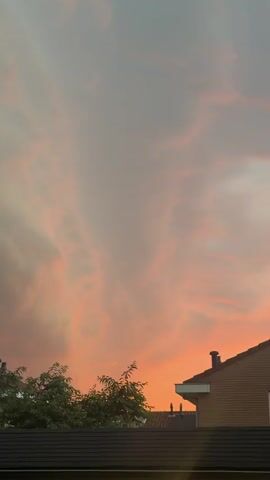 The video shows a timelapse of a sunset with clouds and houses. The sun sets behind the houses, casting an orange glow on the clouds. The clouds are a mix of pink, orange, and gray. The houses are brown with red roofs. There are trees in the foreground. The video is taken from a fixed position.