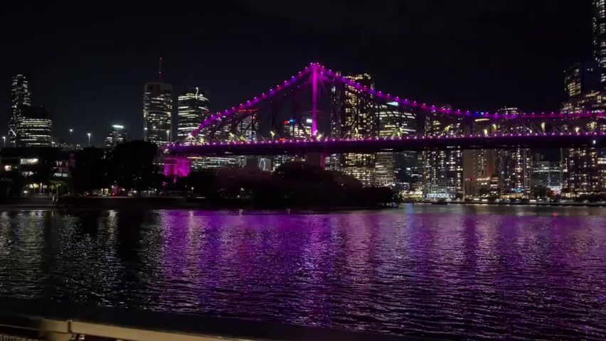 The video is a nighttime shot of a city skyline and a bridge illuminated with purple lights. The bridge, which appears to be a suspension bridge, is the central focus of the scene. It is adorned with strings of purple lights that run along its cables and deck. The city skyline is visible in the background, with numerous buildings lit up, creating a sparkling effect. A body of water, likely a river, is in the foreground, reflecting the purple lights of the bridge and the city lights. The water has a rippling texture. The overall atmosphere is serene and picturesque, highlighting the beauty of the urban landscape at night. There are no people or specific actions visible in the video, making it a static yet visually striking panorama.
