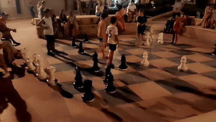 Summer night in San Vito Lo Capo: chess, palms, and a cat