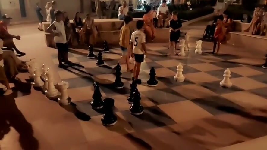 Summer night in San Vito Lo Capo: chess, palms, and a cat