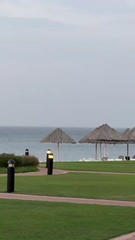 A peaceful coastal resort scene is captured, likely at dawn or dusk, as indicated by the soft, diffused light and illuminated path lights. The foreground features a well-maintained green grass lawn with reddish-brown paved pathways winding through it. Several black, bollard-style lights with warm yellow glows are positioned along the paths.

Beyond the lawn, several thatched beach umbrellas (parasols) stand upright, likely on a sandy or paved area bordering the sea. White lounge chairs are visible underneath and around these umbrellas. The calm, grey-blue sea stretches across the background, meeting a uniformly overcast, light grey sky.

No people are visible in the frame, contributing to a serene and tranquil atmosphere. The weather appears calm and overcast. The only audible sound is a gentle rustling, possibly from clothing or light fabric. The setting is consistent with a beachfront area in Al Fiqait, United Arab Emirates. There is no visible text.