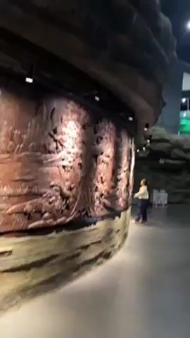 The video shows the interior of a dinosaur exhibit. A child stands near a large, curved, sculpted wall, which appears to be part of an artificial rock formation. Above the wall is a glass railing. The camera tilts upwards to reveal a tall, artificial rock column and a large, spherical model of the moon hanging from the ceiling. Several pterodactyl models are also suspended from the ceiling. The overall lighting is subdued.