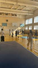 Students practice volleyball in Sarapul gymnasium