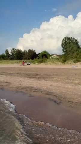 The video shows a tranquil beach scene with gentle waves lapping at the shore. The sand is light brown and appears damp near the water's edge. In the background, there is a line of green trees and vegetation, with a few buildings visible amongst them. The sky is a clear blue with some fluffy white clouds. There are a few people scattered along the beach. In the foreground, the water is a murky green, with small waves breaking. The camera pans across the beach, showing the vastness of the ocean and the shoreline.