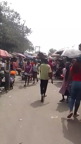 The video depicts a bustling outdoor market scene. People stroll along a paved walkway lined with vendors under colorful umbrellas. Some individuals are carrying shopping bags, while others are transporting goods on their heads or in wheelbarrows. A man balances a stack of rolled mats on his head along with a round object. The atmosphere appears lively, with activity taking place on both sides of the walkway. Debris litters the ground. The weather appears sunny, with trees visible in the background.