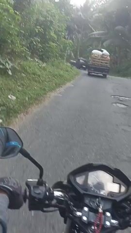 The video begins with a point-of-view shot from a motorcycle, showing the road ahead. The road is paved but has some potholes. On the right side of the road, a truck is visible, carrying a large load of coconuts in wooden crates. The truck is moving away from the motorcycle. The environment appears to be rural, with lush green vegetation and palm trees on both sides of the road. The sky is partly cloudy. The motorcycle's handlebars and mirrors are visible in the foreground, indicating the perspective of the rider. The video captures the motorcycle following the truck along the road.