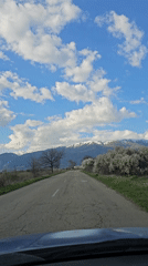 Worn road toward snowy mountains captured in Vedrare, Bulgaria