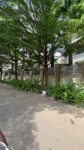 The video shows a street lined with houses on one side and trees on both sides. The houses have white walls and dark grey roofs. A light pole stands on the side of the road. The trees have green leaves and provide shade on the road. The sky is blue with some clouds. The camera is moving along the street, showing the houses and trees in perspective. A breeze is blowing.