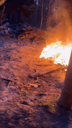 Person tends bonfire near wooden structure in Russian village