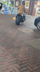 Wide-tire motorcycle at a Great Yarmouth gas station