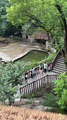 A group of people stand on a wooden staircase looking down at a large pool of water. In the pool, two hippos are partially submerged. One hippo is closer to the surface and its head is visible. The other hippo is submerged deeper in the water, with only its back visible. The surrounding area is lush with trees and greenery. The scene appears to be a zoo or wildlife park.