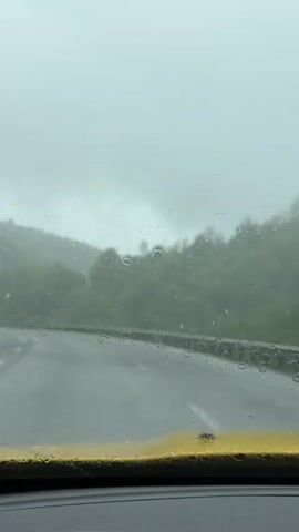 A car drives along a winding, rain-soaked road on a misty day. A windshield wiper swipes away raindrops, intermittently clearing the view of a grey road lined with a metal guardrail. In the background, there are forested hills fading into the overcast sky. The car has a yellow dashboard.