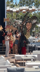 Costumed performers prepare for outdoor show in Kemer, Turkey