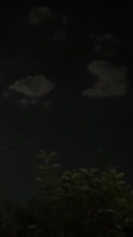 The video shows a night sky with some clouds. A bright moon is visible, with a faint green orb to its right. The lower part of the frame is filled with dark foliage. The moon is the primary source of light, creating a visible beam that extends from it.