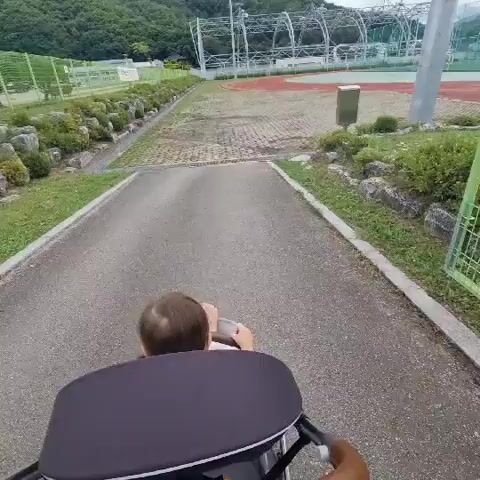 The video shows a first-person perspective from a stroller being pushed by someone. The stroller is on a paved path. In front of the stroller is a child, facing away from the camera. The child is wearing a white and orange striped shirt. The stroller has a dark gray canopy. To the left of the path, there are rocks and green bushes. To the right of the path, there are also rocks and green bushes. In the background, there is a sports field with red and green areas, possibly a baseball field, with a white structure behind it. The sky is overcast. The stroller appears to be moving forward along the path.