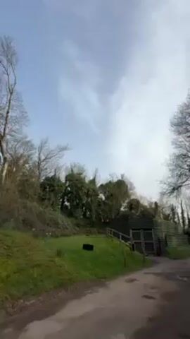 The video shows a smoke grenade exploding. The grenade is placed on a grassy hill next to a dirt path. The explosion creates a large plume of pink smoke that rises into the sky. The sky is blue with some white clouds. There are trees in the background. The camera angle is low, looking up at the explosion.