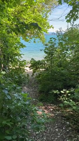 The video shows a narrow, winding path leading to a clear, blue body of water, likely a lake or ocean. The path is covered with small stones and bordered by lush green trees and bushes that form a natural archway. Sunlight filters through the leaves, creating dappled patterns on the ground. The water is calm with gentle waves lapping at a pebble shore. In the distance, the horizon is visible with hazy landforms under a bright blue sky. There is no discernible activity or presence of people in the immediate foreground of the video.