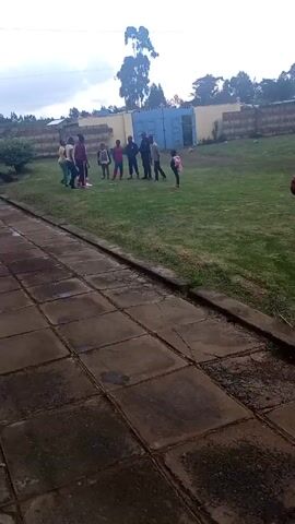 The video shows a group of people on a grassy area in front of a building and a blue gate. There are about a dozen people, adults and children, standing or walking around. Some appear to be interacting, while others are more stationary. The camera perspective is from a tiled pathway, providing a slightly elevated view of the scene. The sky is overcast. In the background, there are trees and a perimeter wall around the property.