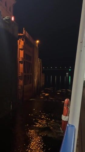 Night passage through a canal lock near Dubna, Russia
