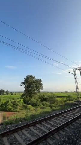 The video shows a view from a moving train, with railroad tracks in the foreground. On either side of the tracks, there are fields of green crops and trees. The sky is clear and blue, with a few wispy clouds. Overhead, there are power lines running parallel to the tracks. The train appears to be traveling through a rural area.