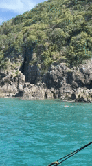 Swimmer spotted in turquoise waters near rocky Vietnam coastline