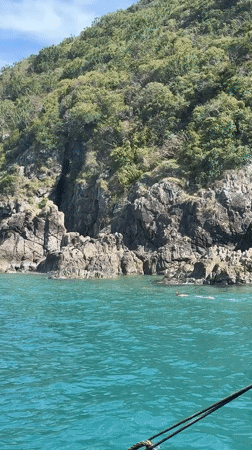 Swimmer spotted in turquoise waters near rocky Vietnam coastline