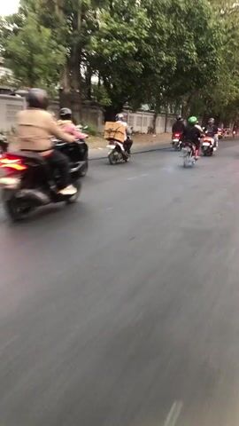 A group of people are riding motorcycles down a paved road. The motorcycles are in a line, and the people are wearing helmets. The road is lined with trees and buildings. The lighting suggests it is either early morning or late afternoon.