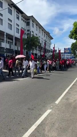 A group of people is marching down a street. Most of them are wearing red clothing, and some are carrying red flags. The street is lined with buildings and trees. There is a white line marking the edge of the road. The sky is blue with some clouds.
