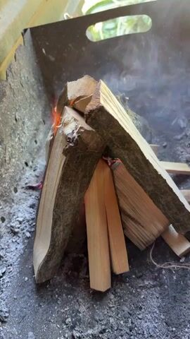 The video shows a close-up shot of a small fire burning in a metal fire pit. Several pieces of chopped wood are arranged in a teepee-like structure over glowing embers. Flames are visible licking at the edges of the wood, and smoke rises from the fire. The fire pit is filled with gray ash, and the surrounding area appears to be outdoors, possibly a backyard or campsite, with hints of greenery in the background. The camera is positioned slightly above and to the side of the fire, providing a clear view of the burning logs. There are no people or other objects clearly visible in the frame besides the fire and its immediate surroundings.