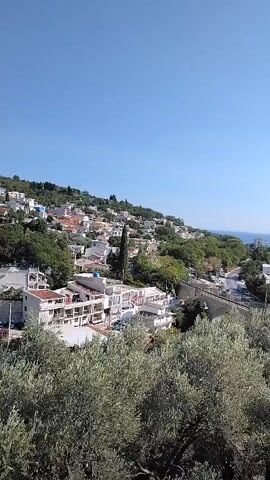 The video is a static shot looking up a hillside towards a town with white buildings nestled among green trees under a clear blue sky. The buildings appear to be houses and possibly hotels, with red tiled roofs visible on some. In the foreground, there are trees with green leaves. A road or path winds through the town, and a tall, thin evergreen tree stands out against the buildings. The scene appears to be a Mediterranean coastal town.