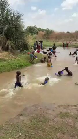 The video shows a group of about 20 children playing in a shallow, muddy river or stream under a partly cloudy sky. Some are fully submerged, while others are wading, splashing, and throwing water. On the riverbank, adults are present, along with clothing, buckets, and other items scattered on a white sheet. The vegetation consists of grass, shrubs, and trees lining the river. The scene suggests a community gathering for washing or recreation.