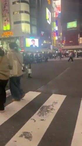 Pedestrians cross busy Shibuya crosswalk amid digital billboards