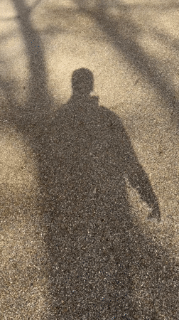 Shadow of coat-wearing pedestrian recorded on Moscow pavement