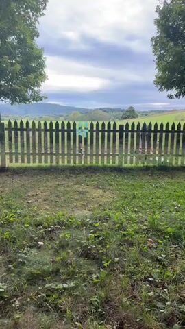 A person in a green top and dark shorts is partially obscured by a wooden picket fence. They are walking away from the camera and towards a green field. The fence is weathered and has a reflective surface. The background shows rolling hills and a cloudy sky. The foreground is a grassy area with some fallen leaves.