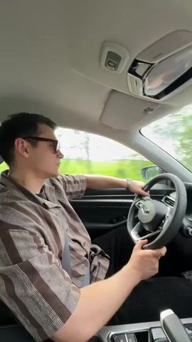 The video shows a man driving a car. He wears sunglasses and a brown and beige striped shirt. He is wearing a seatbelt. He has a watch on his left wrist. The car has a white interior. Outside the window, there is green scenery passing by. Music is playing in the background.