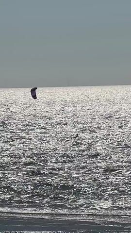 The video shows a wide shot of the ocean under a hazy sky. The sun is shining brightly, creating a sparkly, rippling effect on the water's surface. In the distance, a single purple kite is visible, angled against the sky. Below the kite, a person is kitesurfing. The water is rough and choppy. The foreground of the video shows a dark, blurry edge that appears to be a railing or structure. The camera is held steady.