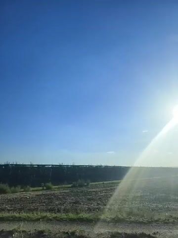 The video is a horizontal, first-person perspective shot of a landscape under a bright, sunny sky. The sun is visible in the upper right corner, casting strong lens flare effects across the image. In the foreground, there is a dirt or gravel road. To the left of the road, there are patches of dry grass and some green vegetation. Further back, there appears to be a field with rows of plants or crops, and a dark structure that could be a fence or netting system. Beyond that, a line of trees or a hedgerow is visible along the horizon. The overall scene depicts an outdoor, rural environment, possibly agricultural land, during daytime with clear skies.