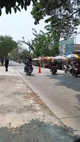 The video shows a street scene with several motorcycles and pedestrians. In the foreground, there is a dirt and gravel area with trees casting shadows. A paved road runs through the middle of the frame, with a pedestrian crossing marked by white stripes and orange traffic cones. On the left side of the road, a person in dark clothing is walking across the pedestrian crossing. Several motorcycles are on the road, with riders on them. Some are moving, while others appear to be stationary. On the right side of the road, there are several market stalls with colorful umbrellas. People are gathered around the stalls, and more motorcycles are parked nearby. In the background, there are buildings and trees. The sky is bright, suggesting it is daytime.