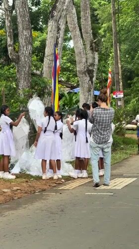 Schoolchildren gather on rural Sri Lankan roadside near grazing buffalo
