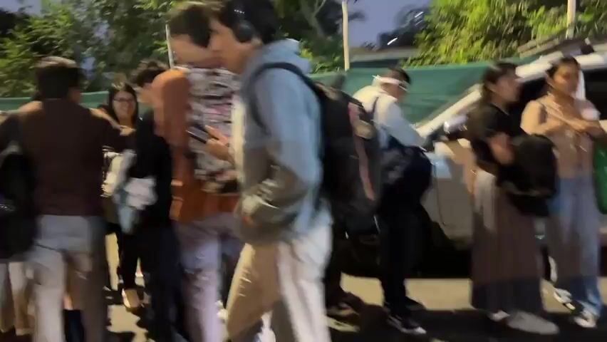 The video depicts a large crowd of people gathered outdoors, seemingly waiting in a line. They are dressed in a variety of casual clothing. The scene is somewhat blurry due to motion and focus. The people are of varying ages, including children. The environment is a public area with trees and possibly a fence in the background. It appears to be evening or dusk.