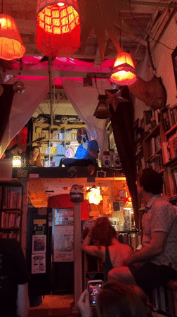 Intimate live music set in a dimly lit New York bookstore venue