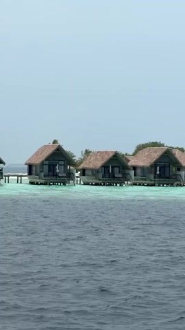 The video shows several overwater bungalows in a tropical setting. The bungalows have thatched roofs and are built on stilts above the clear, turquoise water. The water appears slightly choppy.  In the distance, there is a small sandy beach with some palm trees. The sky is overcast and pale.