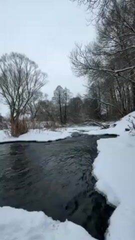 The video shows a river flowing through a snow-covered landscape. The river is dark and contrasts with the white snow on its banks. Trees line the river's edge, their branches bare in the winter scene. The sky is overcast, contributing to the muted color palette of the landscape. The water is rippling and moving at a steady pace.